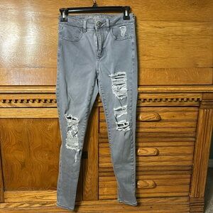 American Eagle High Rise Leggings Stretch Gray Denim Destroyed Jeans